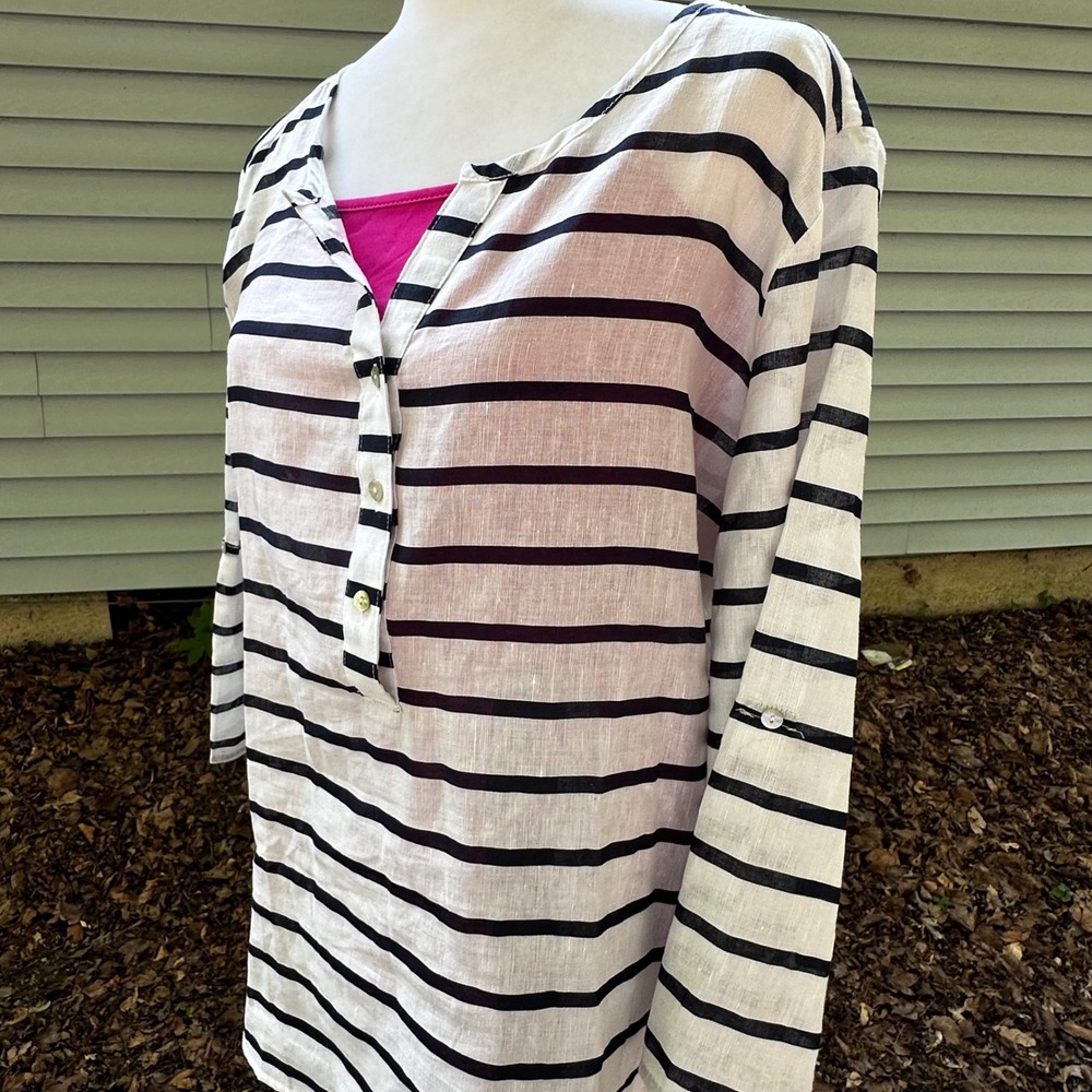 Hester & Orchard Linen Blend Tunic Top B&W Striped 3/4 Sleeve Button‎ Up Size L - Picture 7 of 12